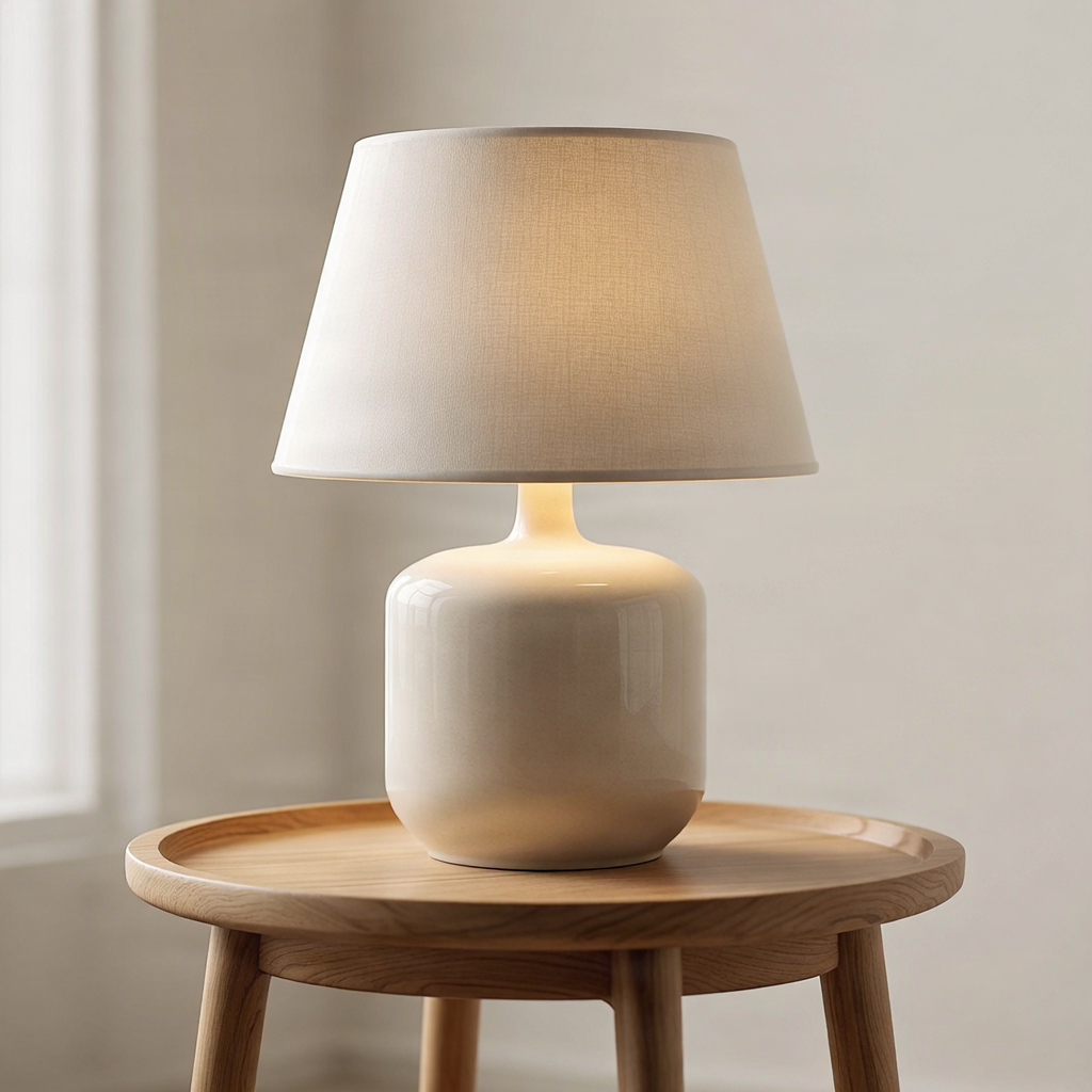 Minimal ceramic table lamp on a wooden side table