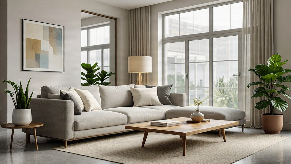 A sophisticated modern living room featuring a large sofa, natural wood, elegant coffee table, and warm lighting.