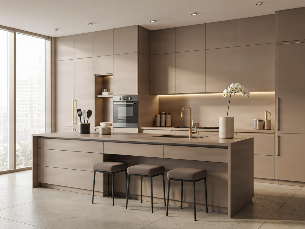 A modern residential modular kitchen with smart storage and elegant finishes.
