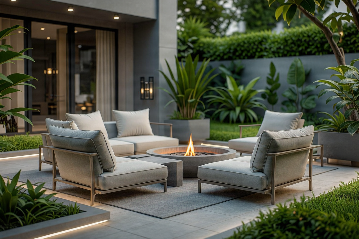 Contemporary outdoor patio with luxury lounge furniture.