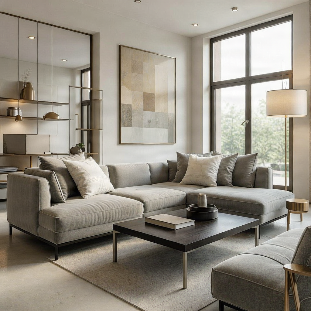 Modern luxury living room with elegant furniture and warm natural lighting