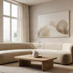 Luxurious modern living room with a curved beige sofa, natural wood furniture, and warm lighting.