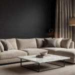 Premium living room with an elegant sofa, coffee table, and warm ambient lighting.