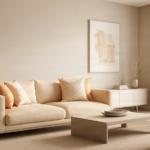 Stylish contemporary living room with a warm ivory and light-orange color palette.