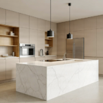Modern modular kitchen featuring beige cabinets, stone countertop, and wooden accents.