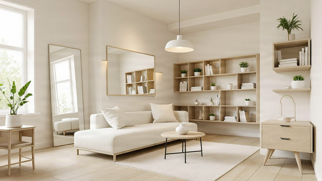 Small apartment with multifunctional furniture and a bright, spacious appearance.