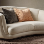 Elegant curved sofa in beige with decorative cushions and a wooden coffee table.