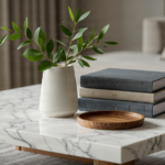 Luxury coffee table styled with a ceramic vase, greenery, and decorative books.