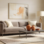 A stylish contemporary living room with a warm ivory and light-orange color palette.