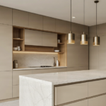 A modern modular kitchen featuring beige cabinets, a stone countertop, wooden accents, and pendant lights.