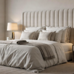 A serene luxury bedroom with a king-size bed, upholstered headboard, neutral bedding, and warm bedside lamps.