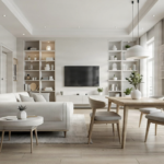 A beautiful small apartment with multifunctional furniture, open shelving, and a bright, spacious appearance.