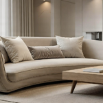 An elegant curved sofa in beige or ivory with decorative cushions and a wooden coffee table.