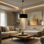 A sophisticated living room with pendant lighting, a sculptural table lamp, and soft indirect illumination.