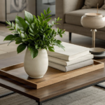A luxury coffee table styled with a ceramic vase, greenery, decorative books, and a wooden tray.