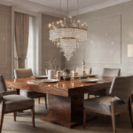 Elegant dining room with a large wooden table and designer chairs.
