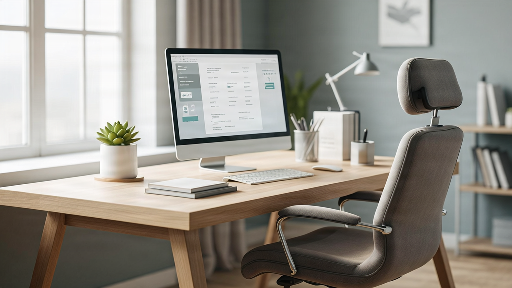 Modern home office with ergonomic furniture and natural light.